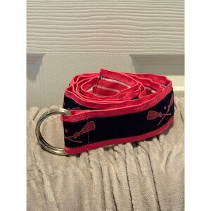 Preppy Lacrosse-Themed D-Ring Canvas Belt By Batada Navy Blue & Pink Stripes